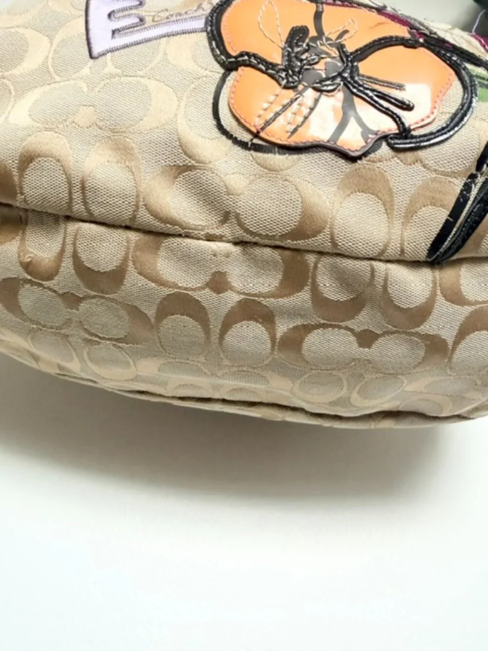 Coach Beige Signature Canvas Floral Poppy Satchel with Purple Accents